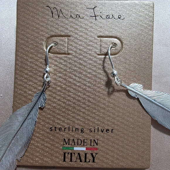 MIA FIORE STERLING SILVER FEATHER BOHO DANGLE DROP HOOK EARRINGS - Picture 2 of 5